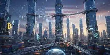 Paisaje urbano futurista con símbolos de criptomonedas, representando la economía digital y el impacto de las políticas de EE.UU. en 2026 en las exportaciones.