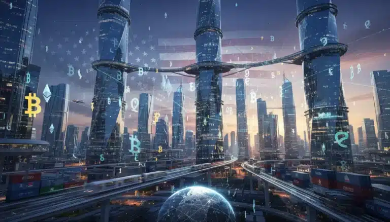 Paisaje urbano futurista con símbolos de criptomonedas, representando la economía digital y el impacto de las políticas de EE.UU. en 2026 en las exportaciones.