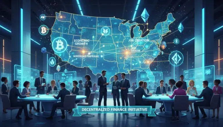 Ilustración digital de la red DeFi creando empleos en Estados Unidos