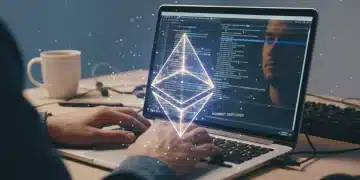Implementar contratos inteligentes en Ethereum: Guía completa Manos de desarrollador codificando con el logo de Ethereum superpuesto, simbolizando la implementación de contratos inteligentes.