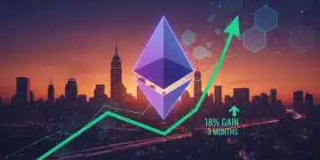 Gráfico financiero mostrando el aumento del 18% de Ethereum en el mercado estadounidense en tres meses, con el logo de Ethereum y un fondo urbano.