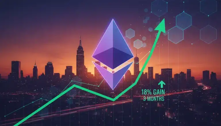 Gráfico financiero mostrando el aumento del 18% de Ethereum en el mercado estadounidense en tres meses, con el logo de Ethereum y un fondo urbano.