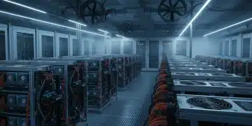 Granja de minería de Bitcoin de alta tecnología en Estados Unidos, con equipos ASIC y sistemas de refrigeración.