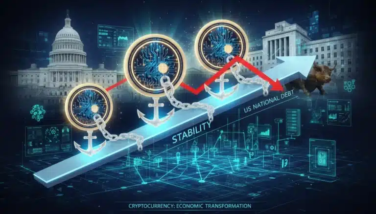 Representación visual del impacto de las stablecoins en la deuda nacional, mostrando una reducción del 15% proyectada para 2026.