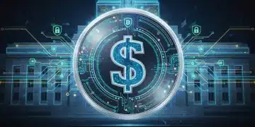 Representación visual de una moneda digital del banco central de Estados Unidos (CBDC) con el símbolo del dólar americano, mostrando seguridad y tecnología financiera avanzada.