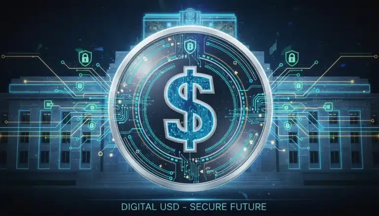 Representación visual de una moneda digital del banco central de Estados Unidos (CBDC) con el símbolo del dólar americano, mostrando seguridad y tecnología financiera avanzada.