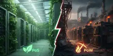 Proof of Stake vs. Proof of Work: Energía y Seguridad de Red Comparación visual del consumo energético y la seguridad entre Proof of Stake y Proof of Work