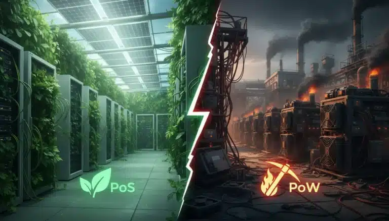 Comparación visual del consumo energético y la seguridad entre Proof of Stake y Proof of Work