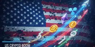 Gráfico ascendente de altcoins con el logo de Bitcoin y el año 2026, representando un rally del 15% en el mercado de criptomonedas de EE. UU. post-halving.