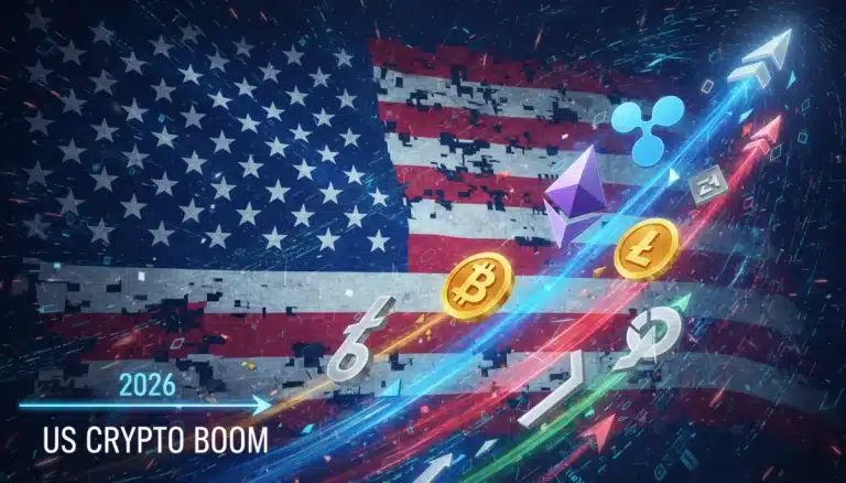 Gráfico ascendente de altcoins con el logo de Bitcoin y el año 2026, representando un rally del 15% en el mercado de criptomonedas de EE. UU. post-halving.