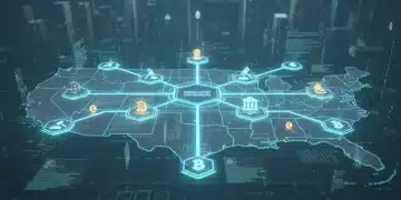 Mapa digital de Estados Unidos con símbolos de criptomonedas y nodos de blockchain interconectados, representando la evolución de la regulación.