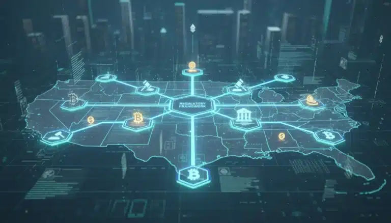 Mapa digital de Estados Unidos con símbolos de criptomonedas y nodos de blockchain interconectados, representando la evolución de la regulación.