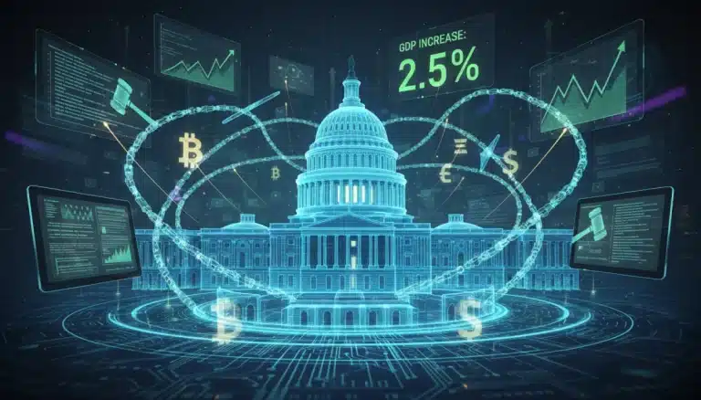 Ilustración digital de las regulaciones cripto de 2026 impactando positivamente el PIB de Estados Unidos.