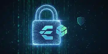 Candado digital protegiendo un logo de intercambio de criptomonedas, con código binario de fondo, representando la seguridad mejorada y la disminución de hackeos.