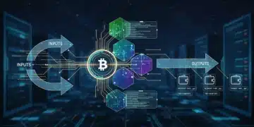 Representación visual de transacciones de Bitcoin, mostrando código hexadecimal, inputs y outputs en un entorno blockchain.